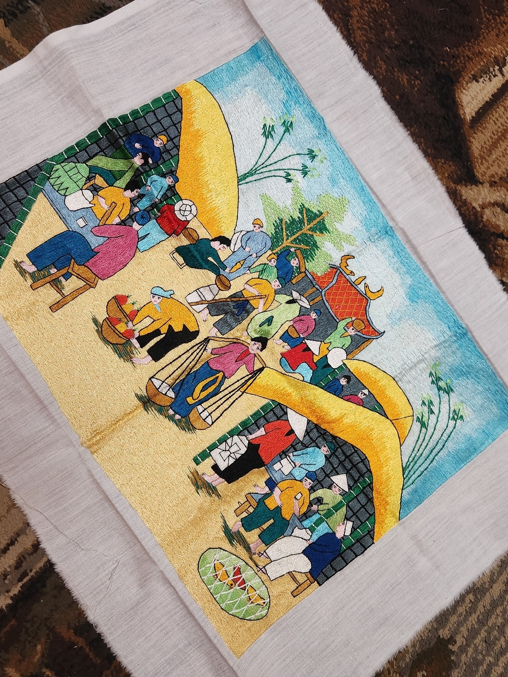 Vintage Vietnamese Hand-Embroidered Silk Textile Art - Vibrant Market Scene